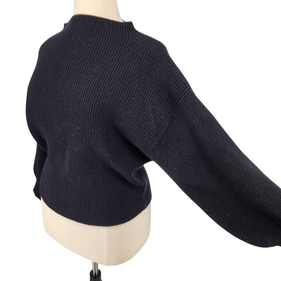 Line & Dot Rib Knit Sweater – Black Balloon Sleeve Mock Turtleneck Size Large - Picture 1 of 8